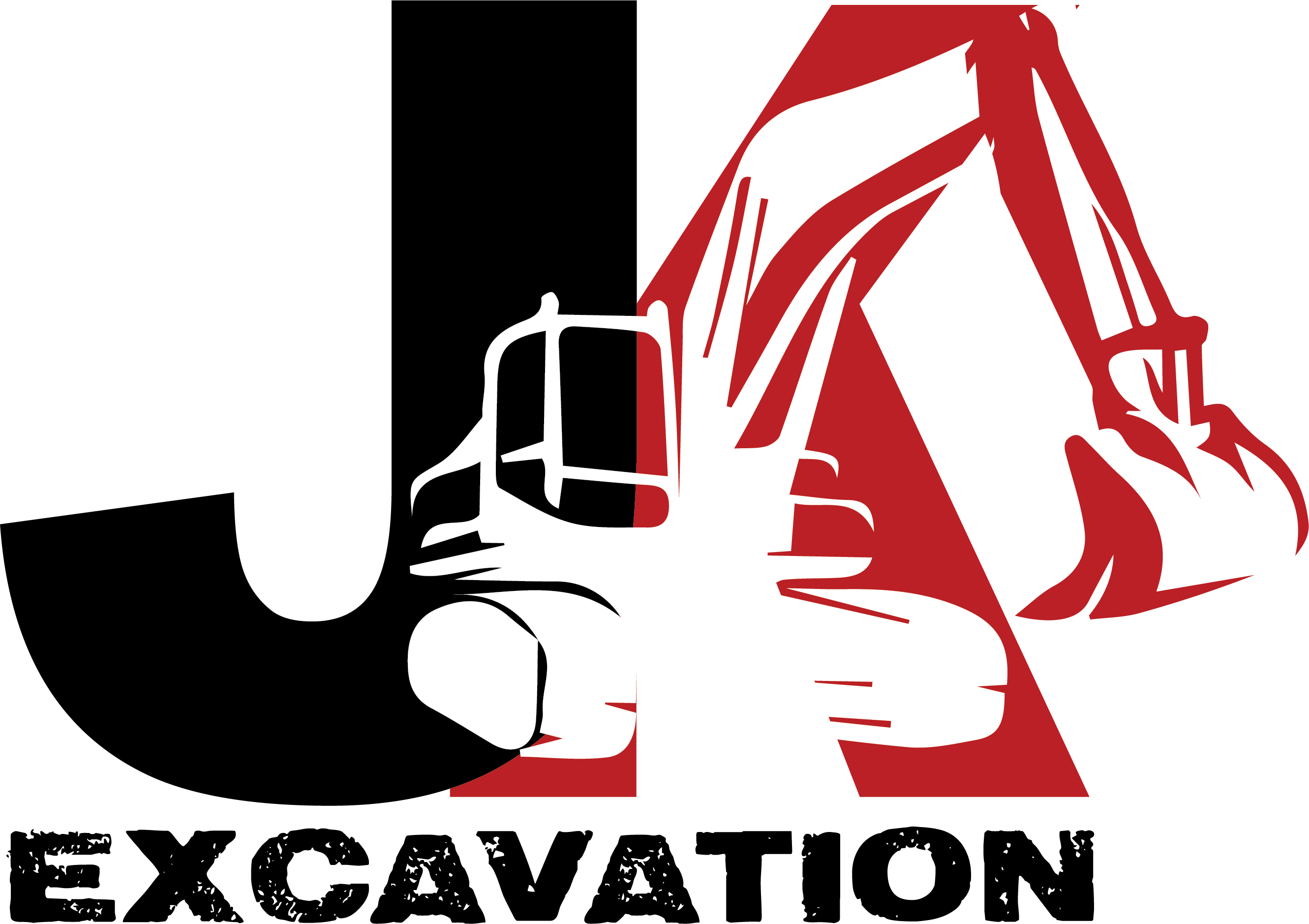 Josh King Excavation Logo. The letters JK in Black and Red with an imposed excavator with the arm and bucket making the letter K.