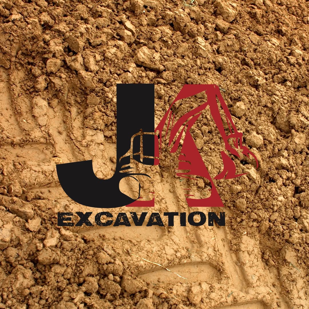 JKE (Josh King Excavation) logo over dirt with tractor tire mark